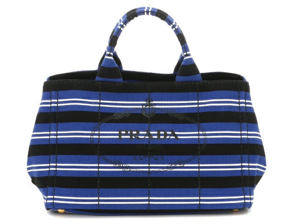 Prada Canapa Tote Bag Striped Canvas Blue